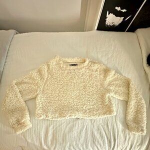 Cream Teddy Sherpa Cropped Sweater L – Cozy Fuzzy Long Sleeve Top